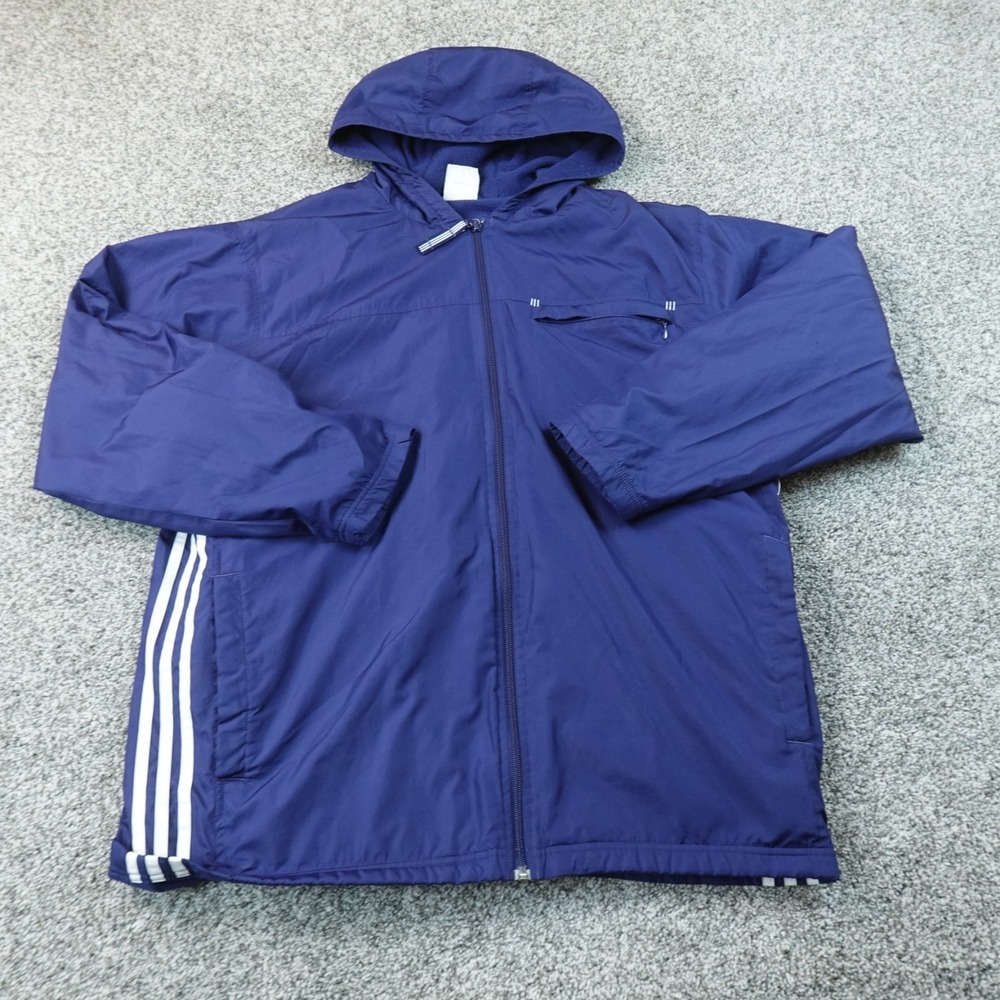 VTG Adidas Jacket Mens L Blue Full Zip Hooded Windbreaker Fleece Lined Coat Y2K